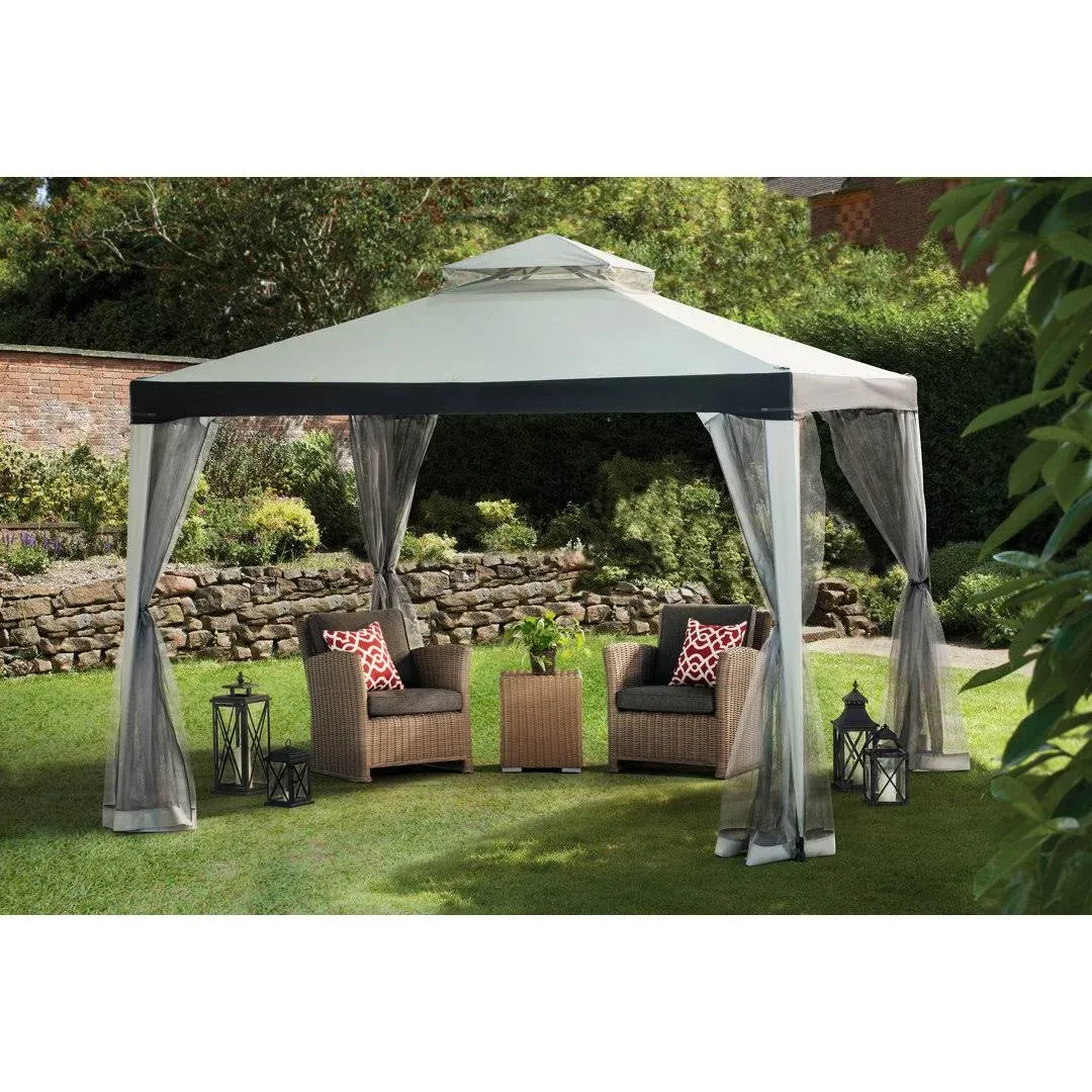 Sunjoy 10 x 10 ft. Soft Top Gazebo, Outdoor Patio Backyard Modern Grey 2-Tier Steel Frame Gazebo with Mesh Netting