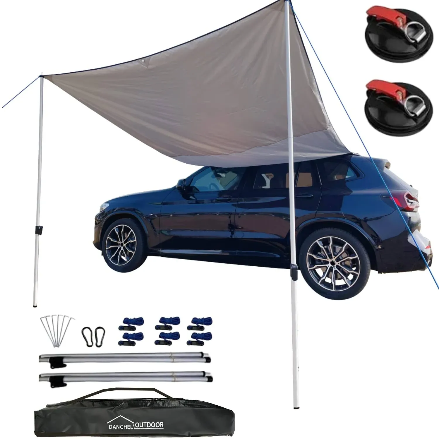 DANCHEL OUTDOOR Portable Suction Cups Car Awning 7.7lbs, Needn't Roof Rack Hardwares, Waterproof Vehicle Tarp Camper Awning Truck SUV Overlanding Accessories (Gray,6.5ftx9.8ft)