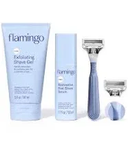 Flamingo Pubic Hair Razor for Women, Shaving Kit - 1 Pubic Razor - Exfoliating Shave Gel 5 fl oz - Restorative Post Shave Serum 1.7 fl oz