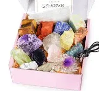 AOOVOO 17Pcs Crystals and Healing Stones, 14Pcs Real Raw Chakra Stones Set, Selenite Charging Plate, Amethyst Necklace, Rose Quartz, Mothers Day Gifts, Gift Box, Guide for Beginners, Collection, Meditation, Yoga