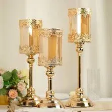 Efavormart Set of 3 | Antique Gold Lace Design Votive Candle Stands, Hurricane Glass Pillar Candle Holders - 13",15",17"