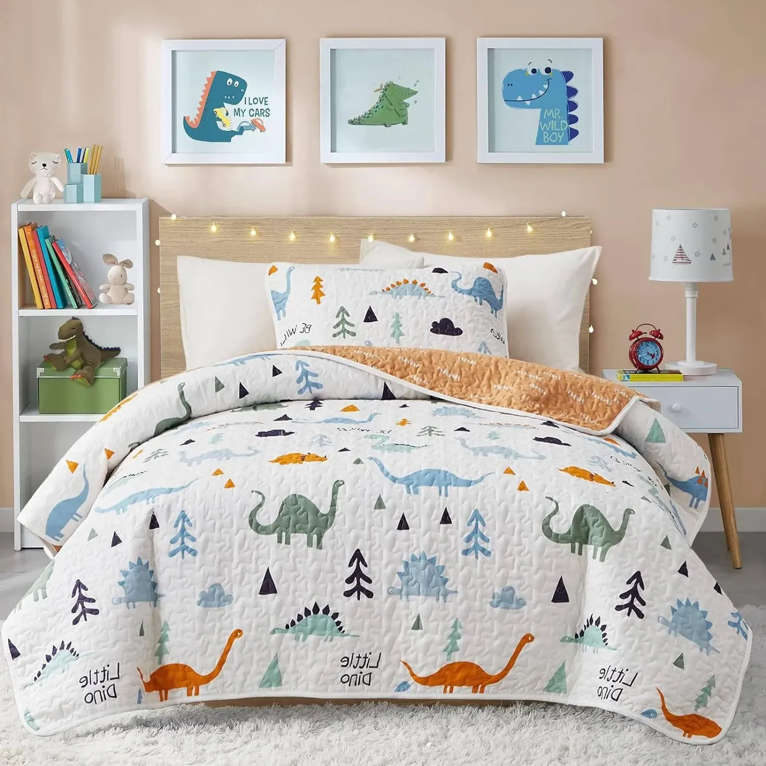 2-Piece Cotton Quilt Set Twin, Cute Dinosaur Reversible Design for Kids Boys N G