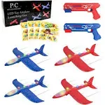 Toy Airplane Launcher - Outdoor Games - 4 Pack 17.5 Foam Glider Planes + 2 Launchers + 4 Sets of Stickers - LED Lights - Throwing Toys for Kids - Red