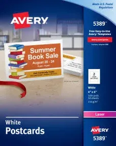 Avery Laser Postcards 4" x 6" Uncoated 100 Cards/Box