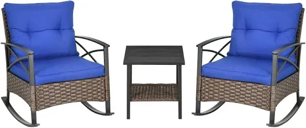 Outsunny 3 Piece Patio Rocking Chair Set, Outdoor Wicker Bistro Set with 2 Cushioned Porch Rockers and 2 Tier Coffee Table for Garden, Porch, Backyard, Blue