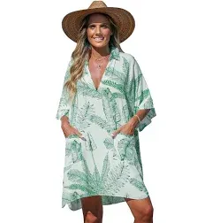 CUPSHE Women's Swimsuit Coverup Casual Loose Beach Collared V-Neck Shirt Dress with Pockets