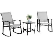 Vongrasig 3 Piece Outdoor Rocking Bistro Set, Textilene Fabric Small Patio Furniture Set, Front Porch Rocker Chairs Conversation Set with Glass Table for Lawn, Garden, Balcony, Poolside (Light Gray)