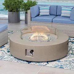 COSIEST Outdoor Round Propane Fire Pit with Wind Guard and Fire Glass