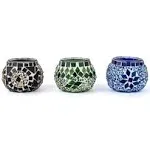 Ecru Green Blue Mosaic Glass Candleholder (Set of 3)