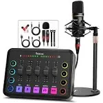 Podcast Equipment Bundle, Gaming Audio Mixer with 48V Podcast Microphone, Individual Volume Slider, RGB Audio Interface for Laptop PC/Phone Living