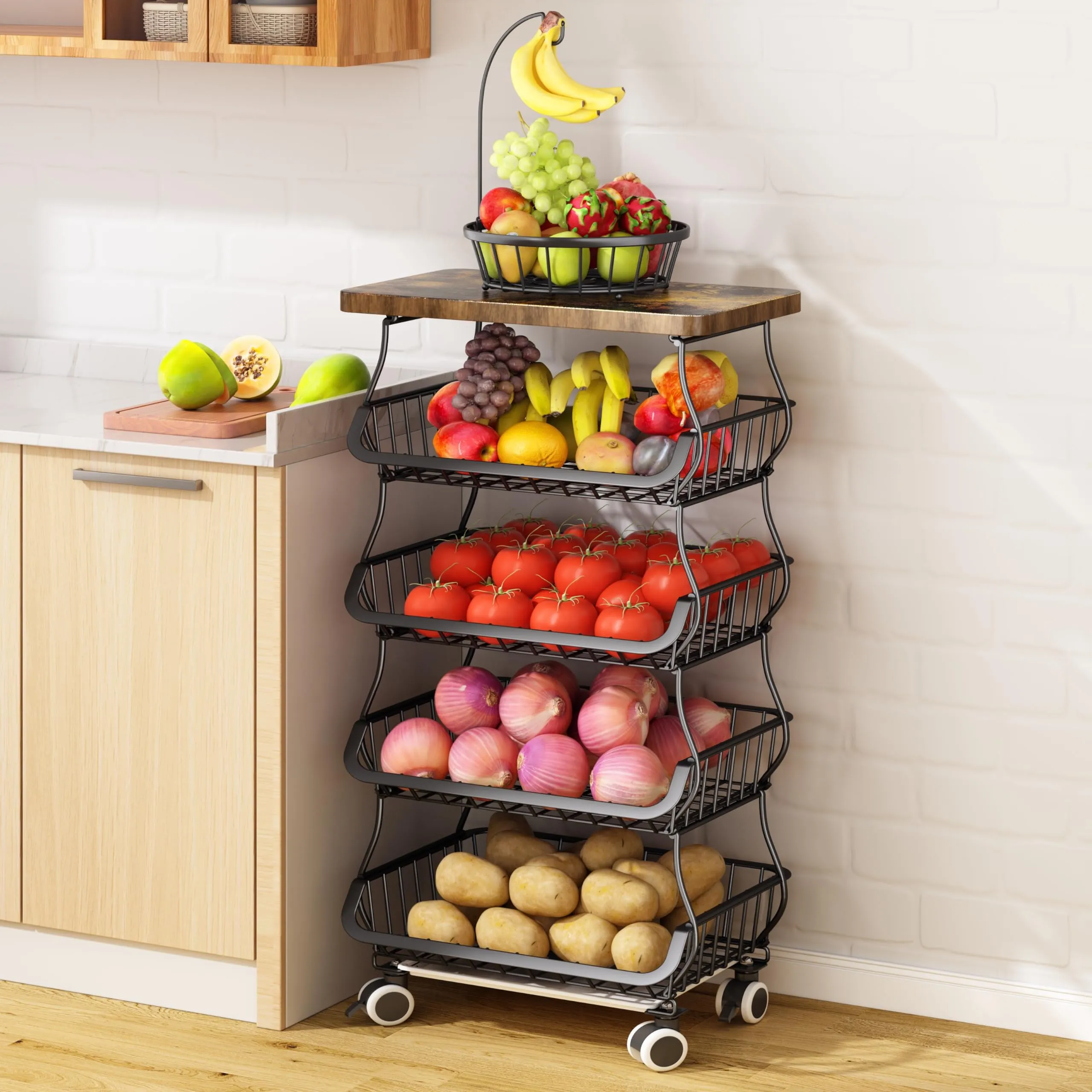 Fruit Basket for Kitchen Pantry Organizers - 4 Tier with Wheels, Wooden Top Wire