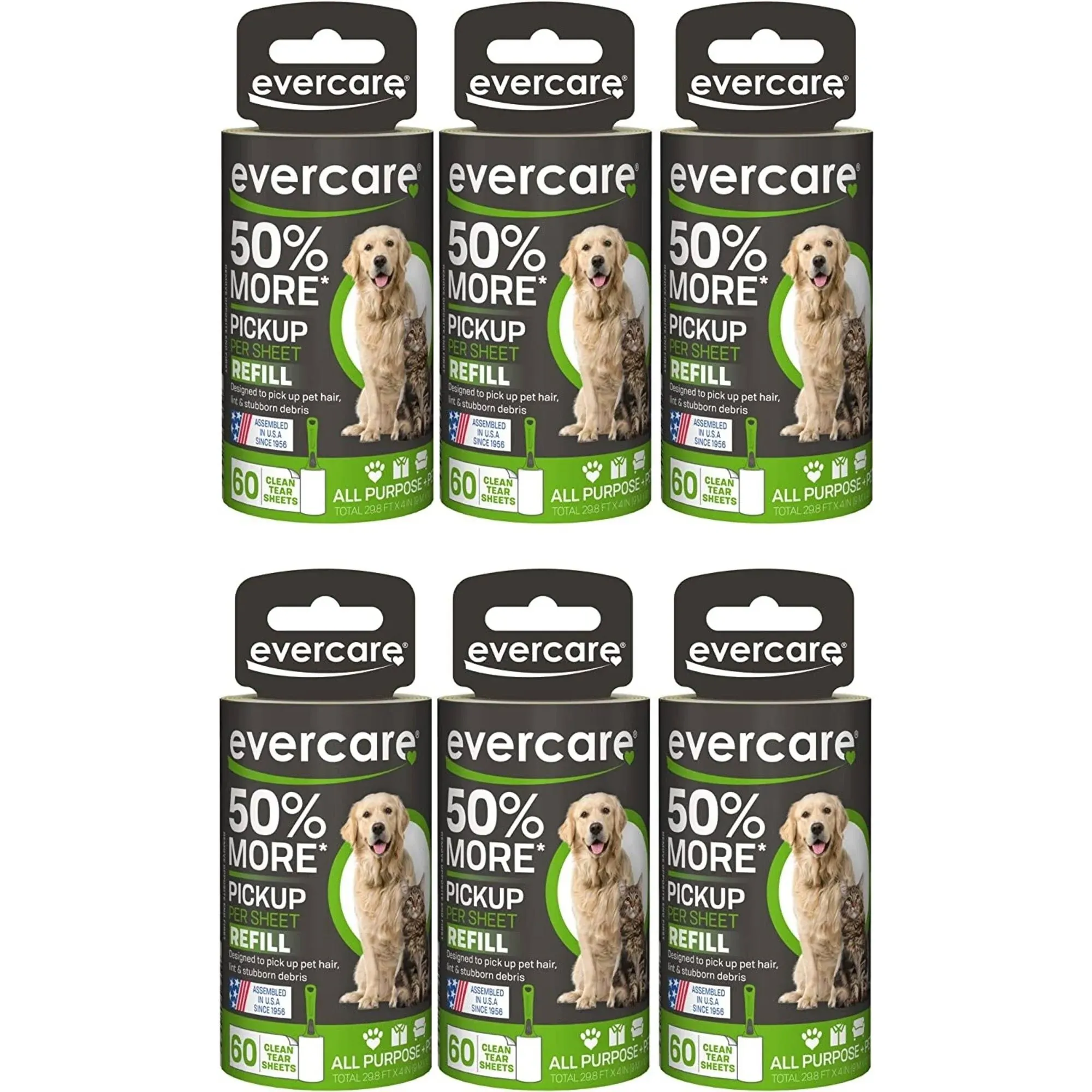 Evercare All Purpose Pet Hair Lint Roller Refills 60 Sheets - 6 Pack