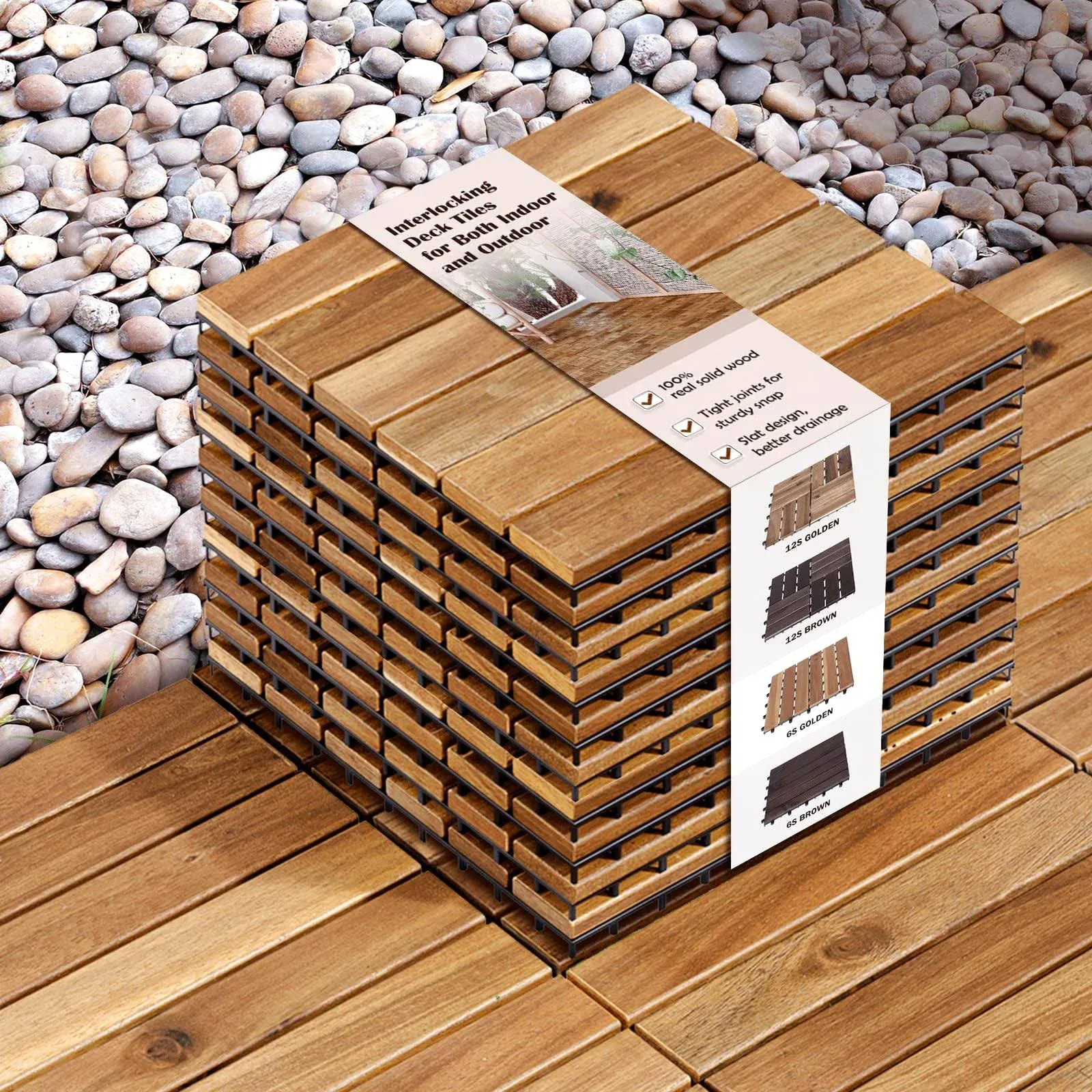 Interlocking Deck Tiles - 10PCS Waterproof Acacia Wood Patio Tiles, Flooring Tiles for Both Indoor and Outdoor - Decking Stripe Pattern, Golden Teak, 12 x 12 x 0.9 inches