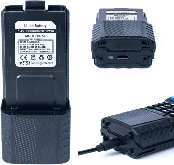 BaoFeng, Btech BL-5L 3800mAh Li-ion Battery Pack, High Capacity Extended Battery For UV-5X3, Bf-F8HP, And UV-5R Radios