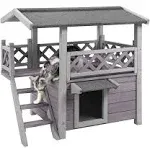 GUTINNEEN Cat House with Door for Feral Cats Rainproof Outside Kitty House 2 Story Wooden Kitten Condo with Stairs (AIR09-BS)