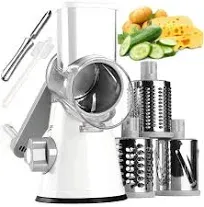 Keouke Rotary Cheese Grater with Handle Vegetable Cheese Shredder Slicer Grater for Kitchen 3 Changeable Blades for Cheese Potato Zucchini Nuts