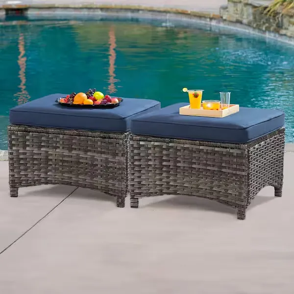 Wicker Outdoor Patio Ottoman with Blue Cushions (Set of 2)