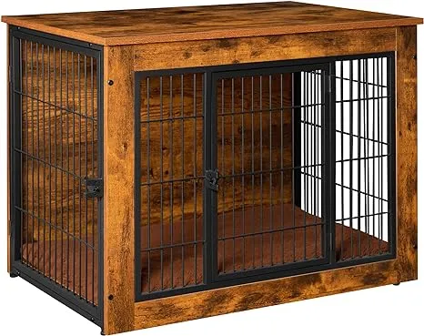 Bigrab Dog Crate Furniture with Thick Cushion Side End Table Wooden Dog Cage with Double Doors