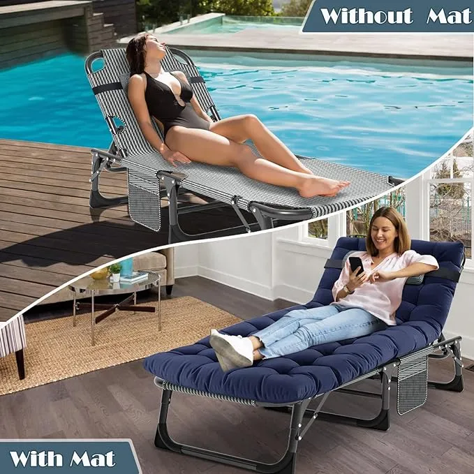 MOPHOTO Folding Chaise Lounge Chair 5-Position, Folding Cot, Heavy Duty Patio Chaise Lounges for Outside, Poolside, Beach, Lawn, Camping