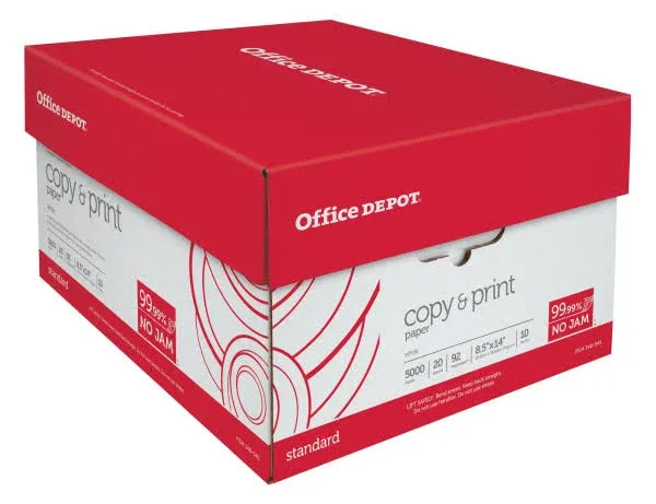 Office Depot Copy Print Paper, Legal size, 20 lb, 500 Sheets per Ream, Case of 10 Reams, 063224, White