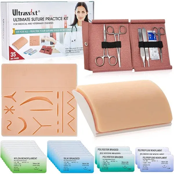 Complete Suture Practice Kit with Simulated Wounds Skin Pad, Self-Made Incision Buried Knot Training Pad, Instruments, Thread & Needles, for Nursing & Vet Students Camp Edu & Demo Only