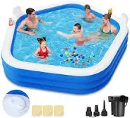 Inflatable Swimming Pool with Pump, 90" X 90" X 26" Kiddie Pool with Seats and Headrests