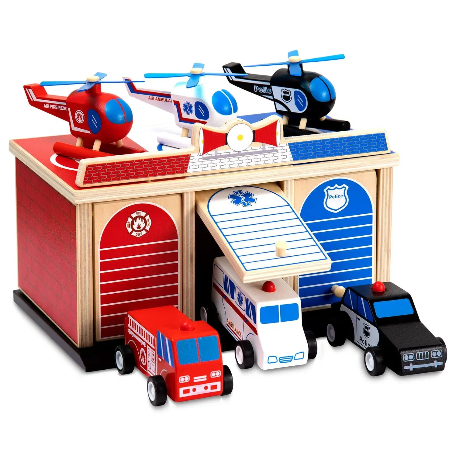 Rescue Station Kids Playset - 2-Level, 3-Bay Parking Garage Toy Set with Fire...