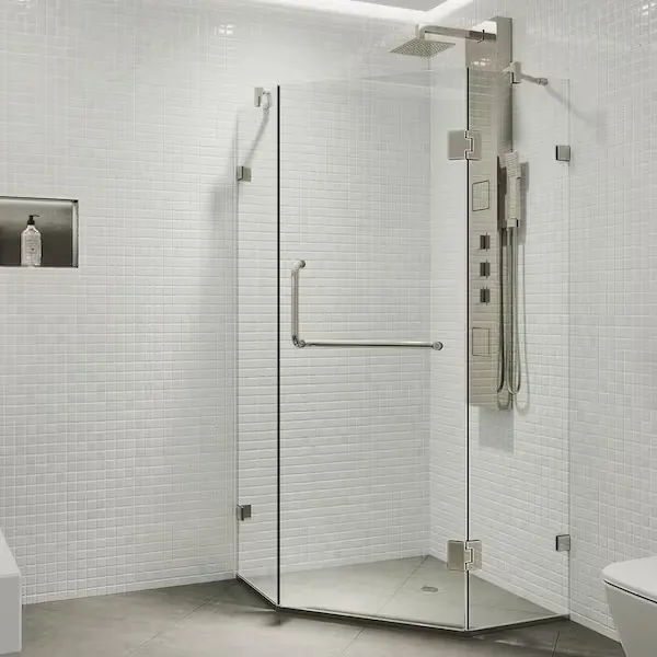 Piedmont 38 in. L x 38 in. W x 73 in. H Frameless Pivot Neo-angle Shower Enclosure in Brushed Nickel with Clear Glass