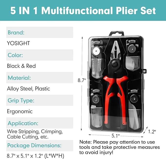 5 IN 1 Multifunctional Plier Set with 5 Interchangeable Tool Heads - Wire Stripper, Crimping Plier, Cable Cutter, Electrician Scissors, Linesman Plier - 8 Inch Pliers Kit with Storage Case