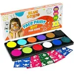 Blue Squid Face Paint Kit for Kids 12 Color Palette, 30+3 Stencils, Washable Paints, Brushes Guide, Safe Facepainting for Sensitive Skin, Profession