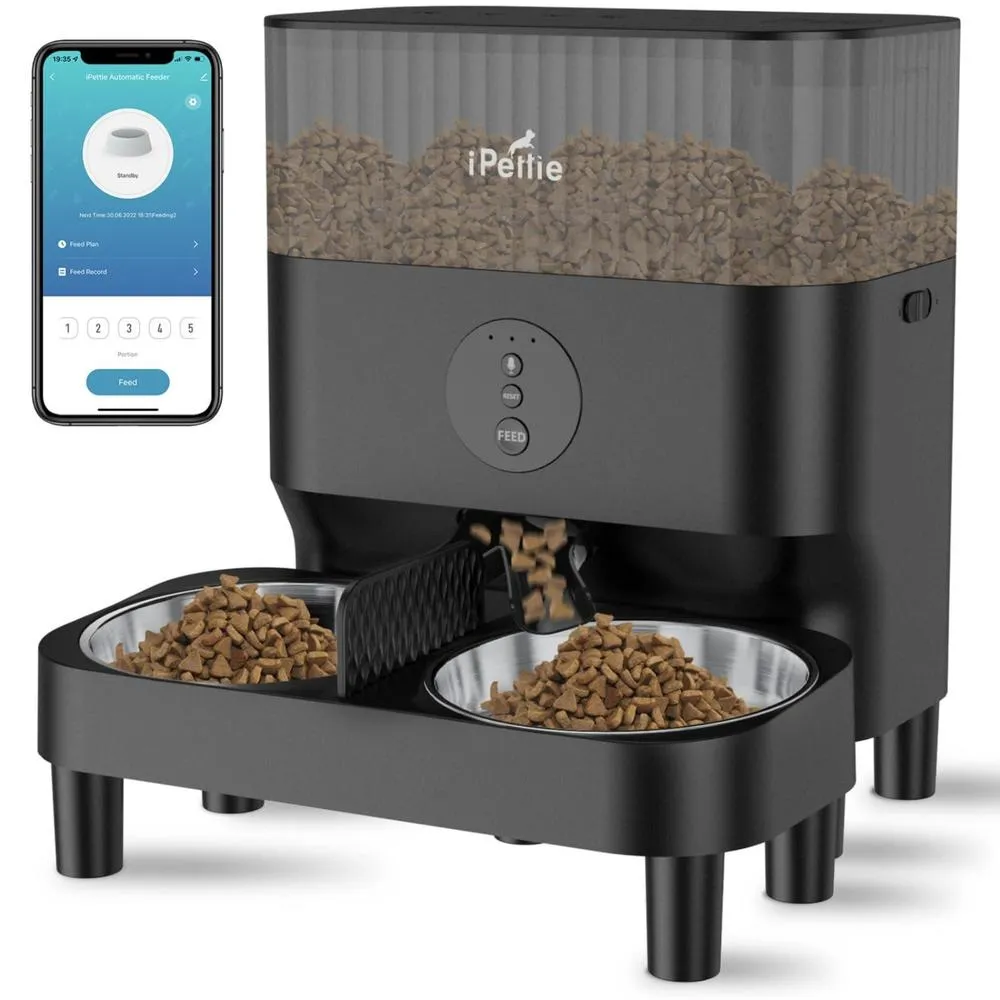 iPettie Automatic Cat Feeder for Two Cats, 2.4G WiFi App Control, 5L/21 Cup Capacity, 1-10 Meals per Day, Adjustable Bowl Hei