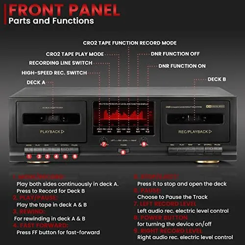 Pyle Dual Cassette Deck Stereo - CrO2 Tape Selector, Media Player w/ RCA Cables