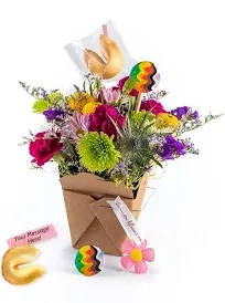 Pride Fresh Cut Live Flowers Arranged in a Takeout Container with Your Personal Message Tucked Inside a Fortune Cookie