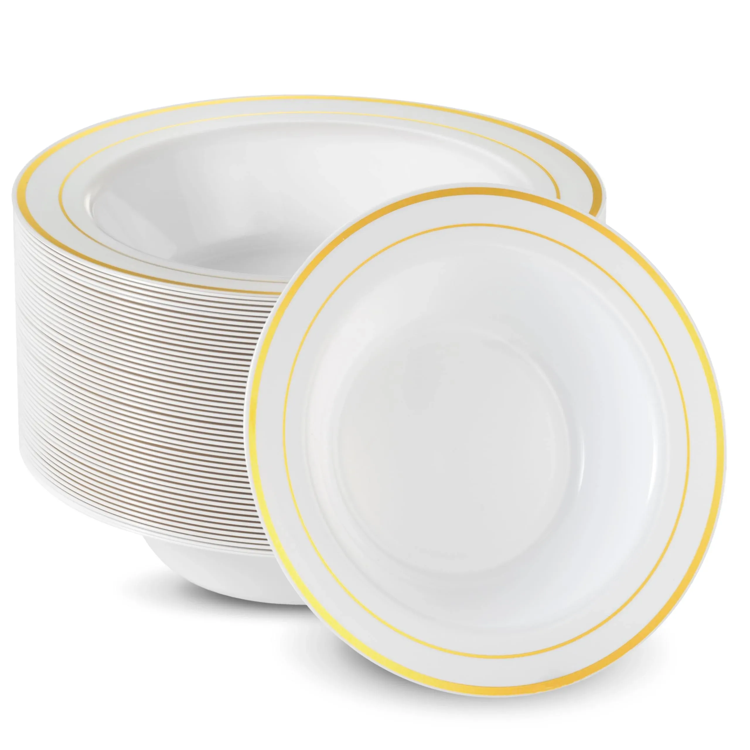 Munfix 50 Gold Plastic Bowls Set, 12oz Disposable Soup Bowls, Fancy Party Bowls, Heavy Duty Cereal Bowls, Elegant Dinner Bowls, White with Gold Rim Dessert Bowls