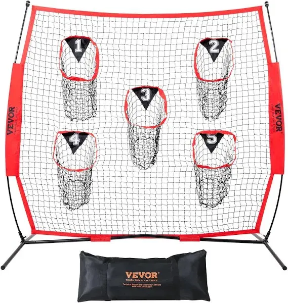 VEVOR 7 x 7 ft Football Trainer Throwing Net, Training Throwing Target Practice Net with 5 Target Pockets, Knotless Net Includes Bow Frame and Portable Carry Case, Improve QB Throwing Accuracy, Red