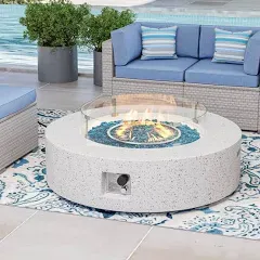 COSIEST Outdoor Round Propane Fire Pit W Wind Guard and Fire Glass - White/Blue