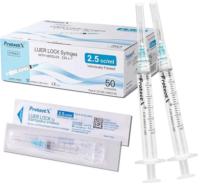 ProtectX 2.5ml Disposable Luer Lock Sterile Syringe with 23Ga 1” Needle, Individually Sealed, Smooth and Accurate Dispensing for Science Labs, 50-Pack