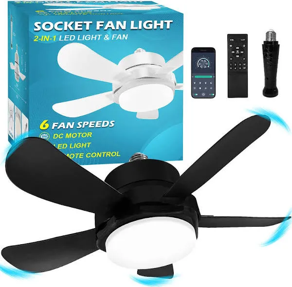 Socket Fan Light With Remote, Screw Ceiling Fans with Lights, 5 Reversible Blades, Quiet 6-Speed DC Motor, Dimmable Socket Fan for Garage Bathroom Kitchen, 6000 Kelvins As Seen On TV (White) (White)