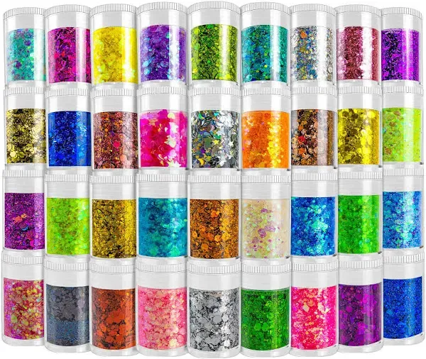 Holographic Chunky and Fine Glitter Mix, 36 Colors Chunky Sequins &amp; Glitter Powder Mix, Iridescent Cosmetic Glitter Flakes for Nail Art Face Body Eye