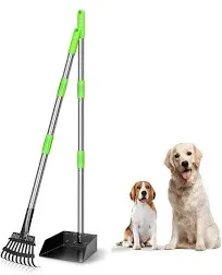 Pooper Scooper, Dog Pooper Scooper Long Handle Stainless Metal Tray and Rake for