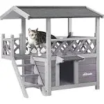 Morgete Wood Cat House with Balcony, Outdoor Kitty Shelter with Stairs