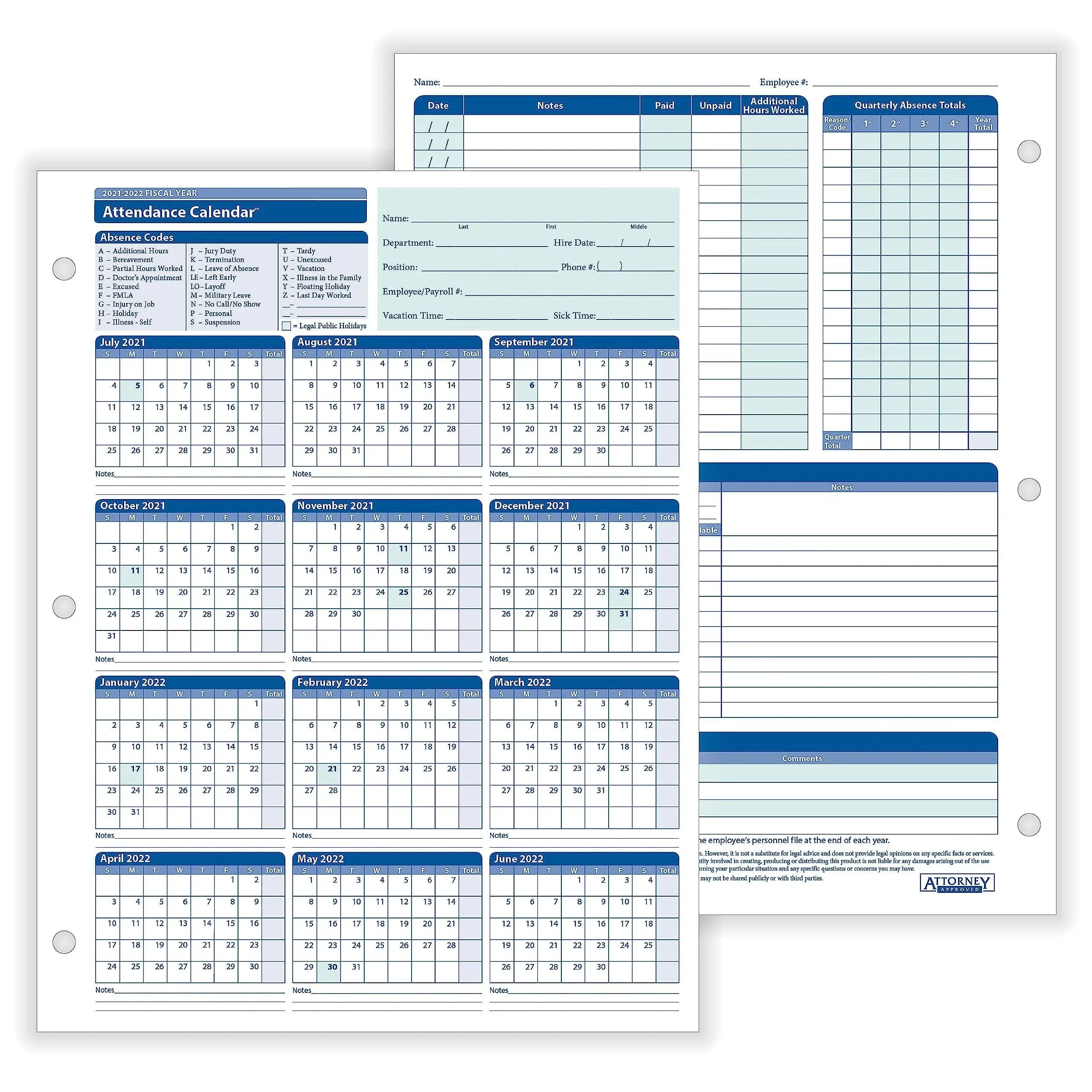 2024-2025 Fiscal Attendance Calendar, 8 1/2" x 11", Pack Of 50