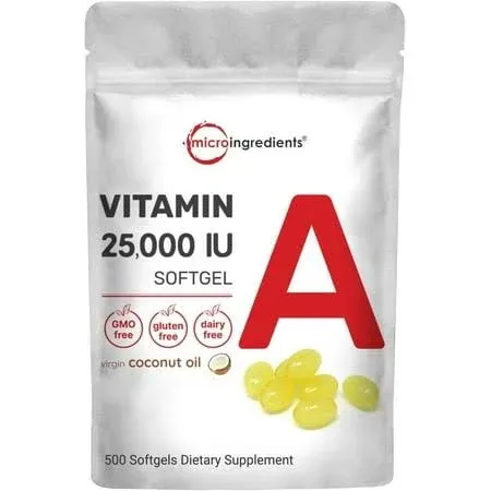 Micro Ingredients Maximum Strength Vitamin A 25000 IU | 500 Softgels with Coconut Oil for Better Absorption | Essential Vitamins for Vision, Growth, & Reproduction | Non-GMO, Easy to Swallow