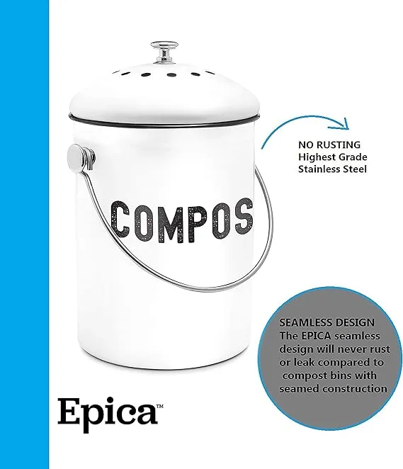 EPICA Countertop Compost Bin Kitchen | 1.3 Gallon | Odorless Composting Bin with Carbon Filters | Indoor Compost Bin with Lid | Stainless Steel Kitchen Composter for Food Scraps & Waste Recycling