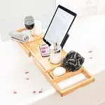 Bath Caddy Tray for Tub: Bamboo Bathtub Tray Caddy Expandable with Wine Glass Holder and Book Stand. Luxury Bubble Bath Accessories & Spa Decor.