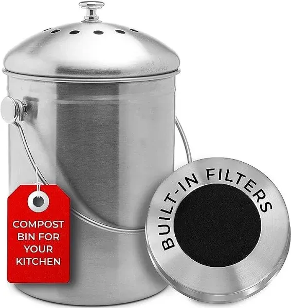 Epica Stainless Steel Compost Bin 1.3 Gallon-Includes Charcoal Filter