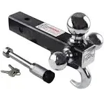 TOPTOW 64180L Trailer Receiver Hitch Triple Ball Mount with Hook, Fits for 2 inch Receiver, Chrome Balls, 2 inch Shank, with 5/8 inch Lock