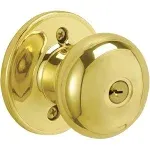 Round Entry Door Knob Single Cylinder Deadbolt Bright Brass Exterior Keyed Lock