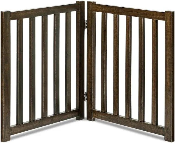 LZRS 2-Panel Freestanding Adjustable Wooden Dog Gate – Sturdy, Foldable Natural Solid Hardwood Pet Barrier with Stylish Design for Small Dogs and Narrow Spaces, Walnut