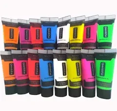 Quiet&Far Body Paint Set with tubes 16 x 20ml/0.7 fl oz Neon Glow in the dark paint face paint under Blacklight Reactive Fluorescent Paint Non-Toxic